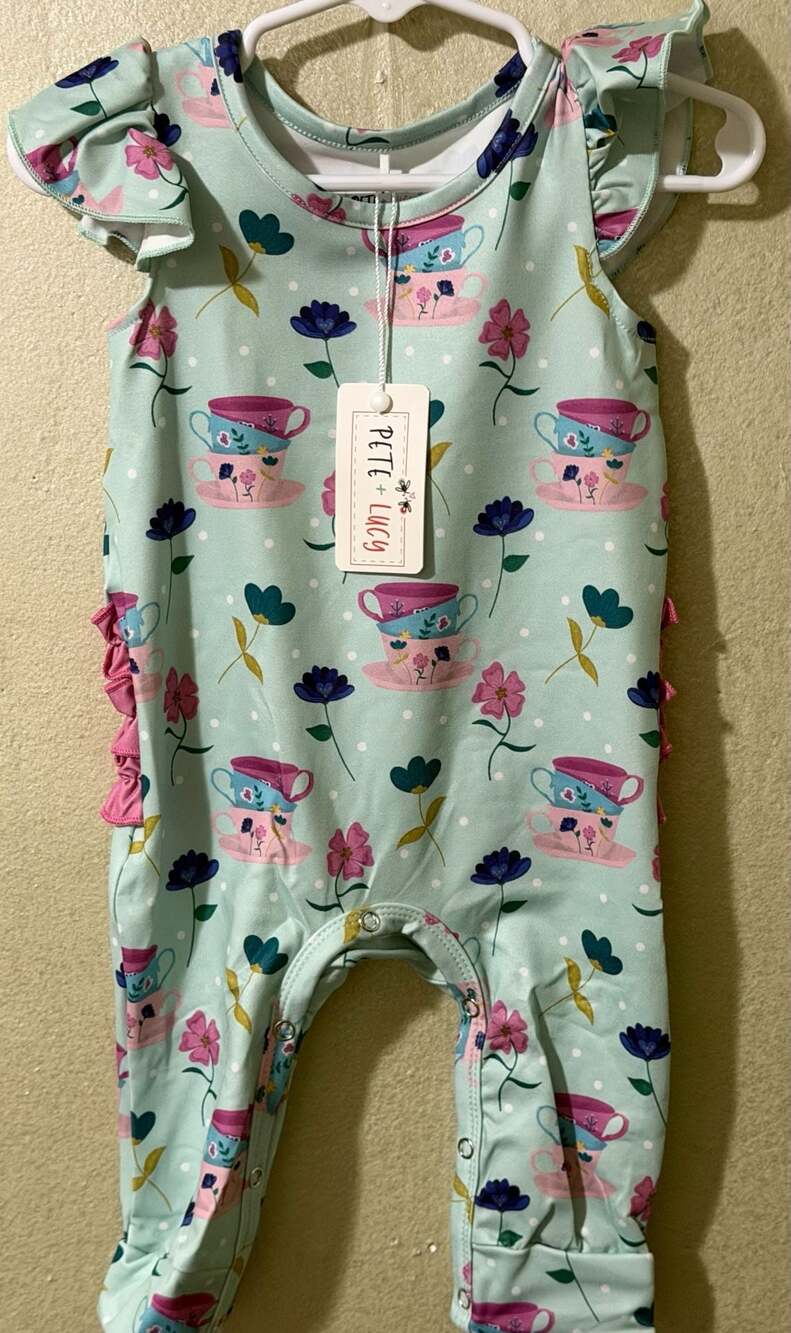 Pete + Lucy Mint Teacup Floral Ruffle Sleeveless Romper